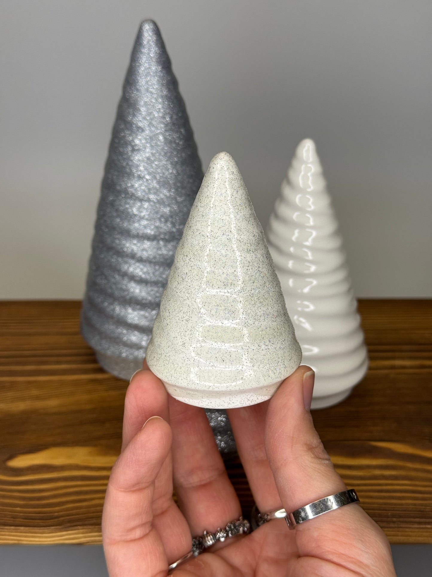 Ceramic Christmas Trees - White w/ silver glitter