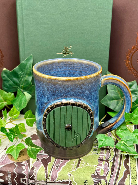 Green Door Mug (Blue mug body)
